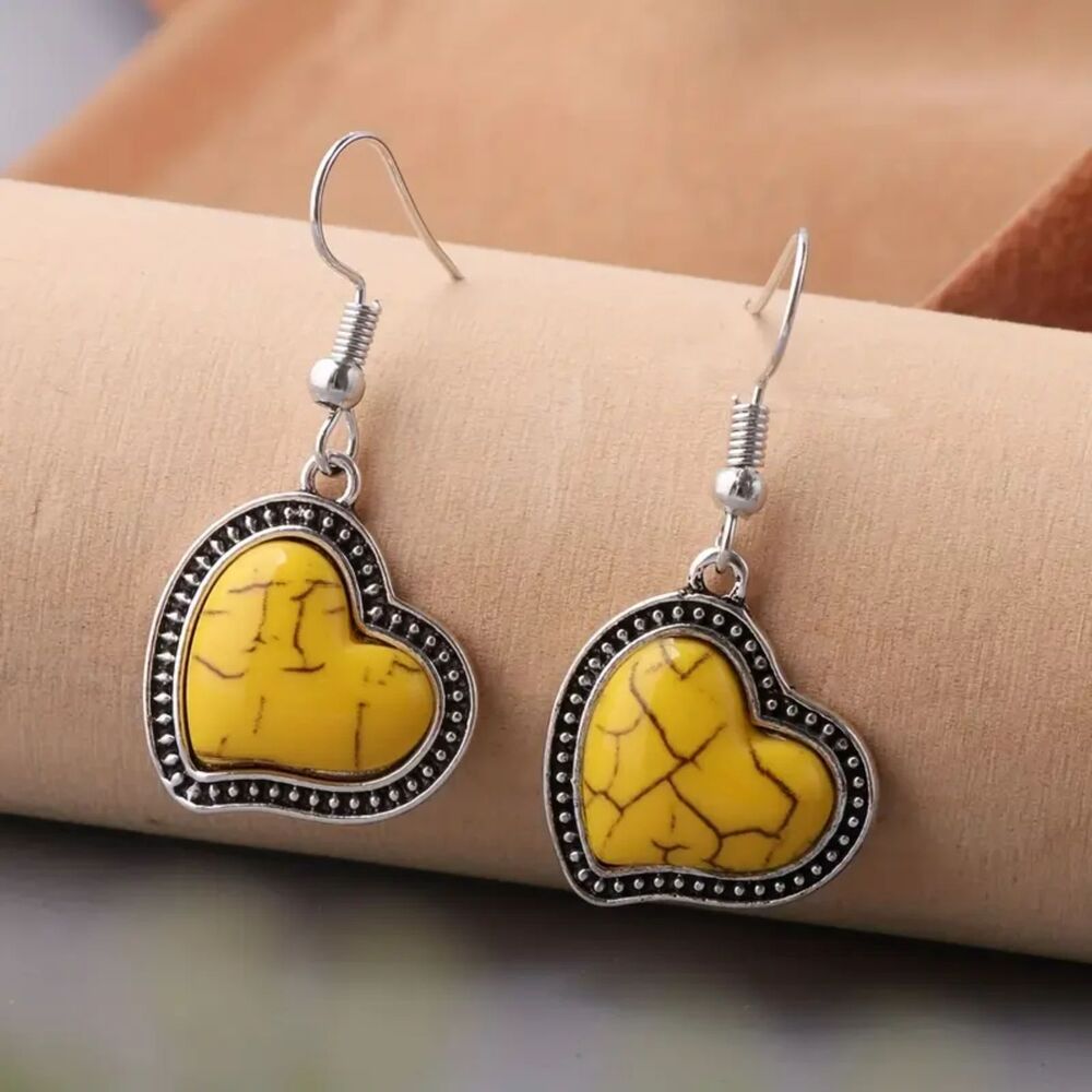 Yellow Stripe Turquoise Silver Heart Drop Earrings Dangle Pendant Gemstone Charm